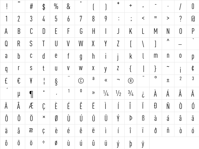 DINCond-Regular Regular  glyph index