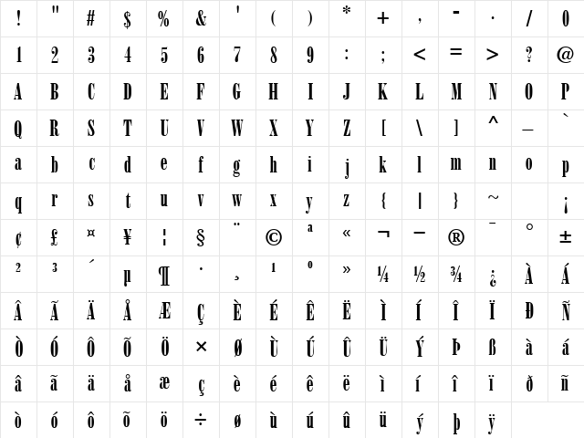 BodoniPosterCondSSK Regular  glyph index