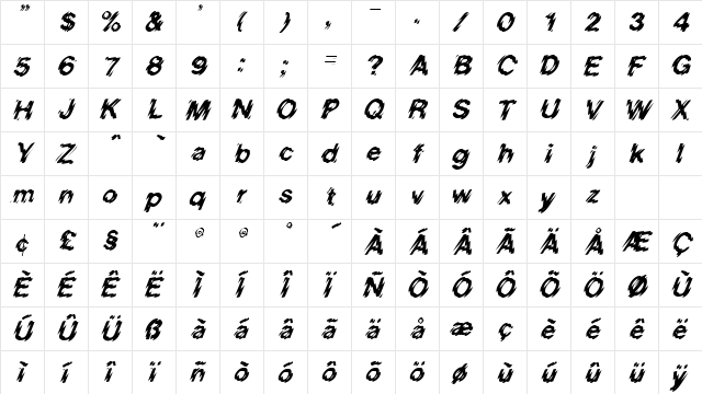 HighVoltage Italic  glyph index