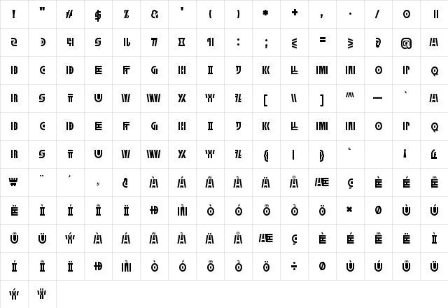 MegaDose Regular  glyph index