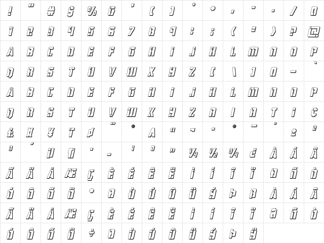 Hard Science 3D Italic Italic  glyph index