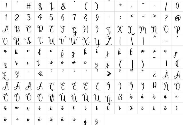 Berlin Script Regular  glyph index