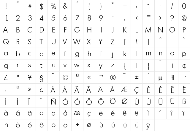 Montreal-Light Regular  glyph index