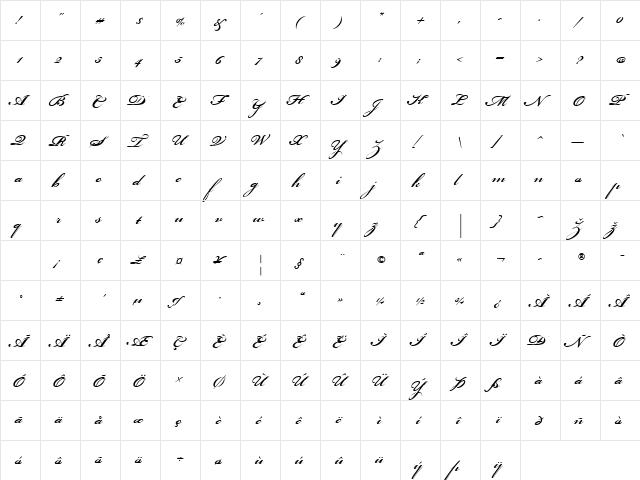 Bickham Script Std Semibold Regular  glyph index