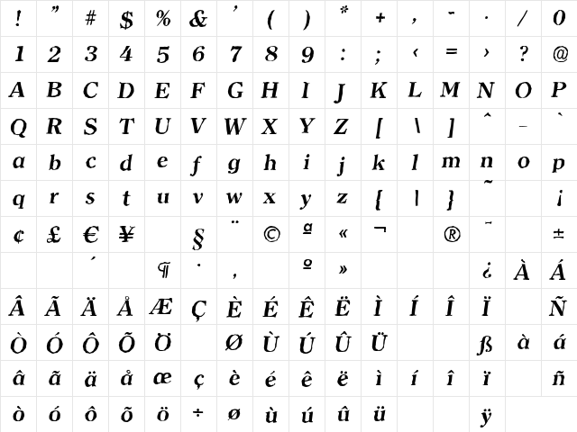 ClearfaceAntique BoldItalic  glyph index