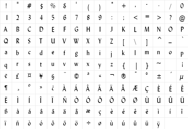 Lynda Condensed Normal  glyph index