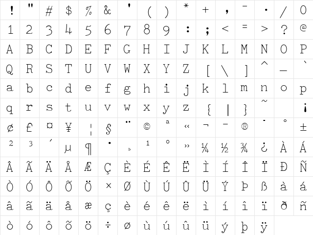 TiredOfCourierThin Regular  glyph index