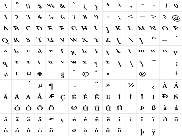 Perpetua Wide Leftified Bold Regular  glyph index