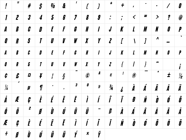 MetalEncasementCondensed Italic  glyph index