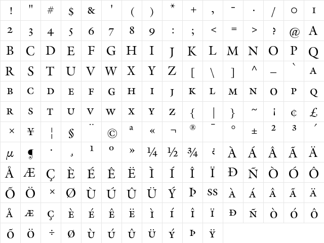 Galliard Regular  glyph index