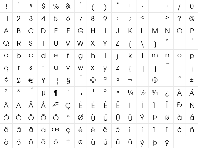 Avignon Regular  glyph index