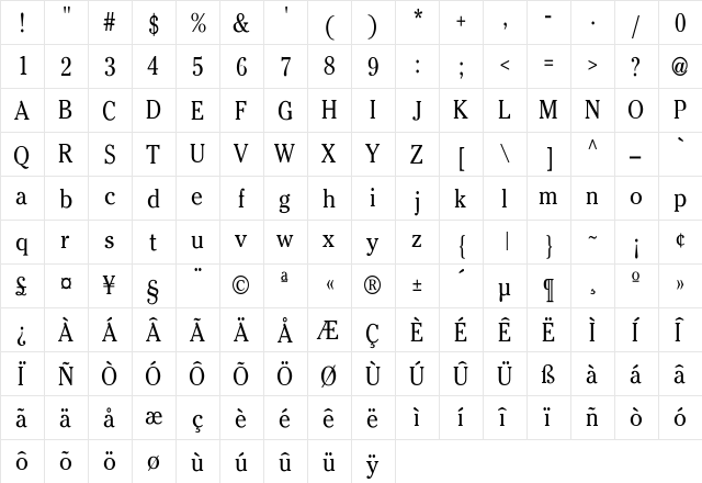 CheltenhamCnd-N Regular  glyph index