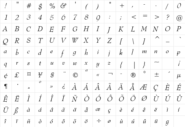 Bernhard Modern GX BT Italic  glyph index