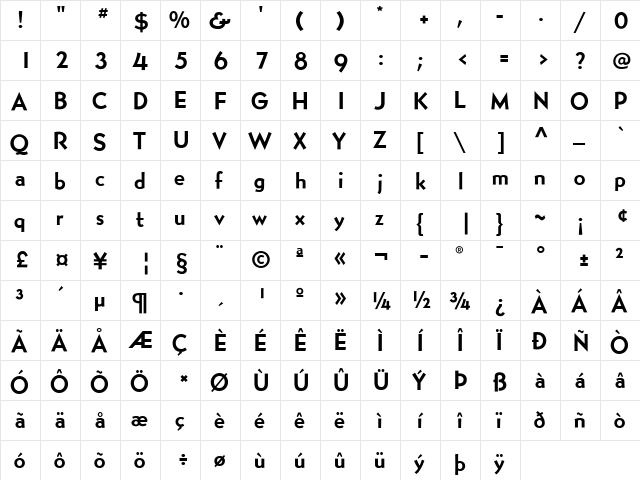 BernhardGothicSG Heavy  glyph index