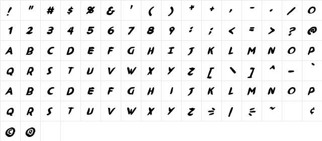 Ninjutsu BB Bold  glyph index