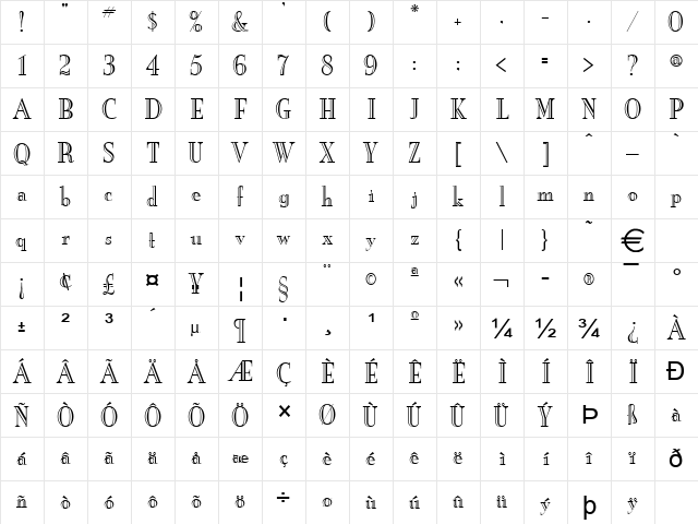 NewEnglandEngraved Normal  glyph index