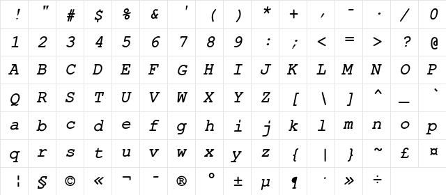 APCCourier-BoldOblique Regular  glyph index