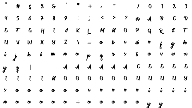 The Lovely Script Script Regular  glyph index