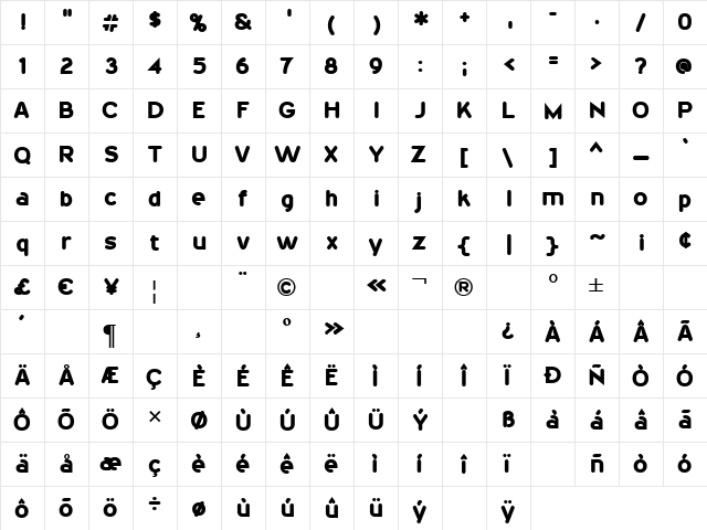 20th Century Font Bold  glyph index