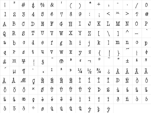 EryxCartoon Medium  glyph index