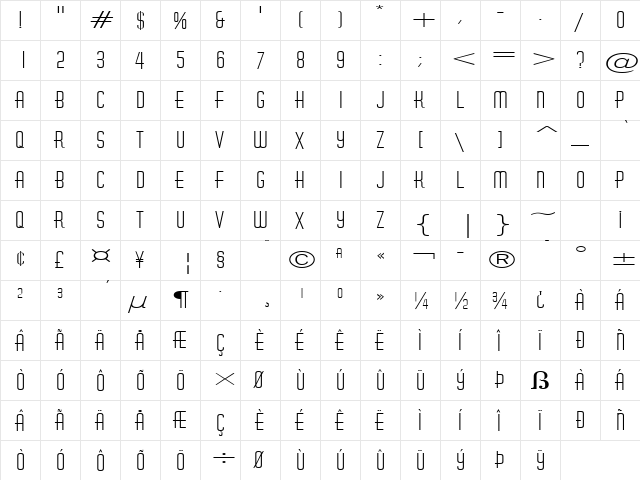 Hustle Extended Normal  glyph index