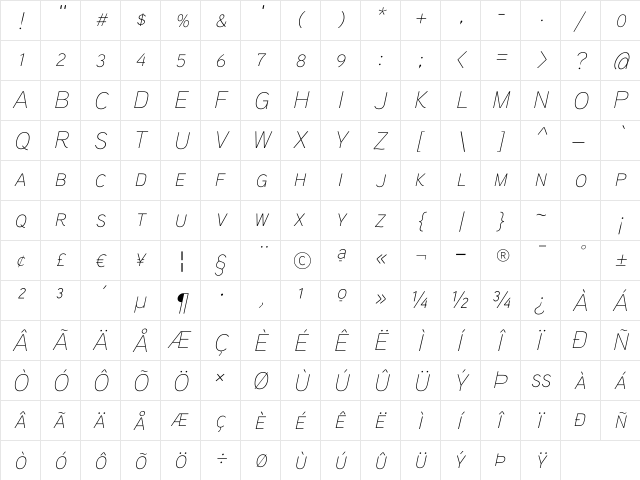 Aaux ProThin Italic SC Regular  glyph index