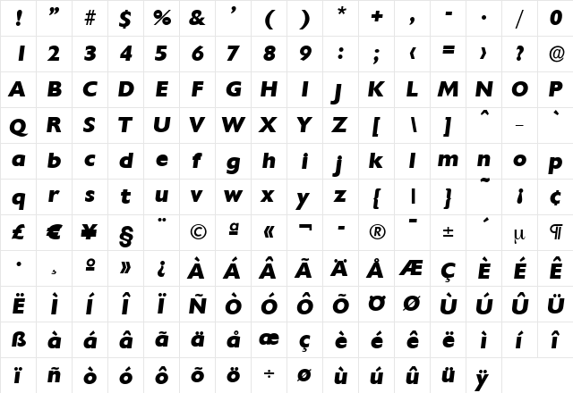 DavidBecker-ExtraBold Italic  glyph index