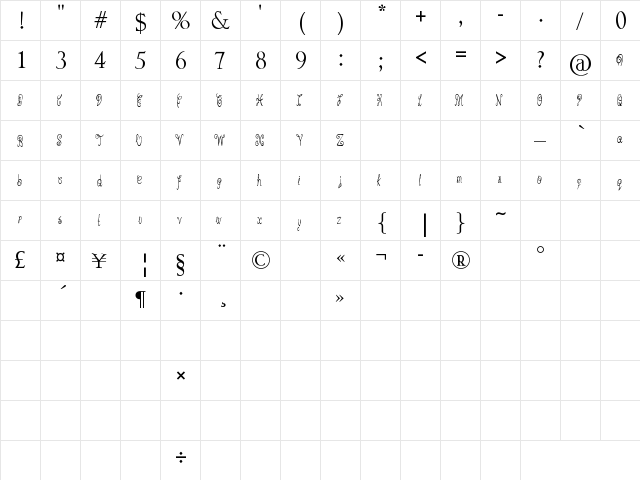 Easy script Regular  glyph index