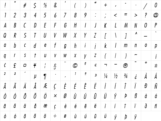 KudosLightCondSSK Bold Italic  glyph index