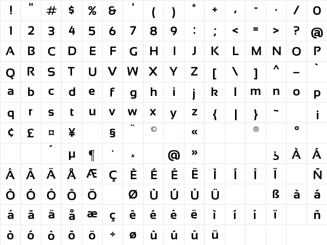 Sansation Bold  glyph index