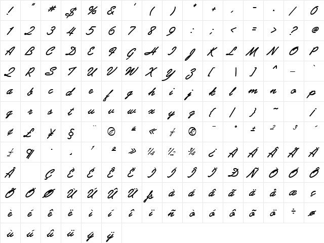 GE Arabesque Script Bold Italic  glyph index