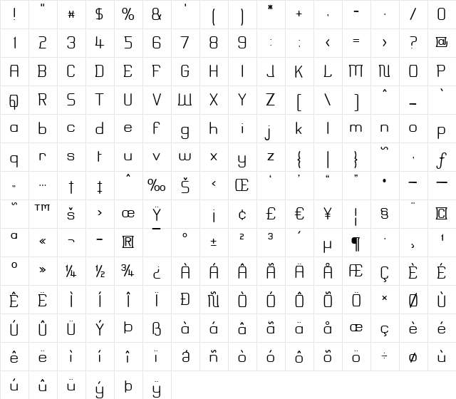 Erinal Regular  glyph index