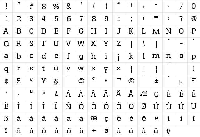 Enschede-Serial Regular  glyph index