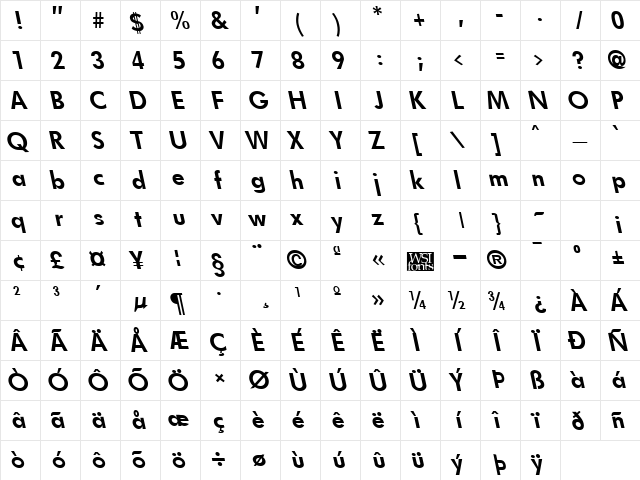 FuturistLefty Bold  glyph index