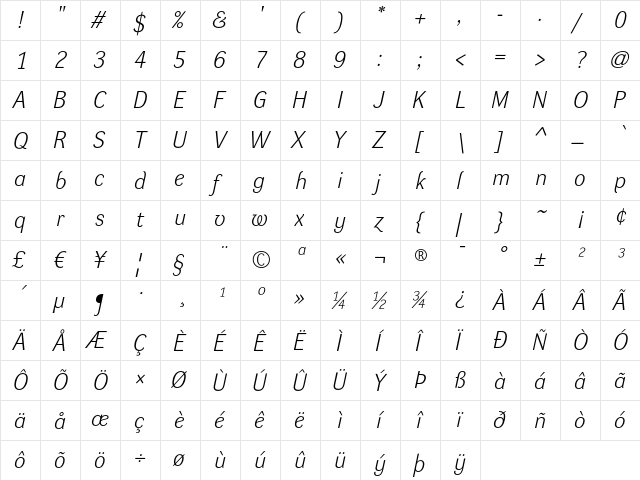 DynaGrotesk L Italic  glyph index