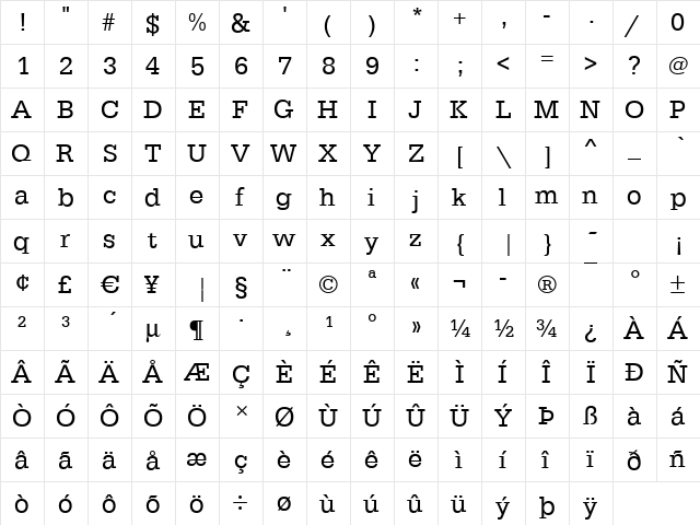 EgyptienneStd Regular  glyph index
