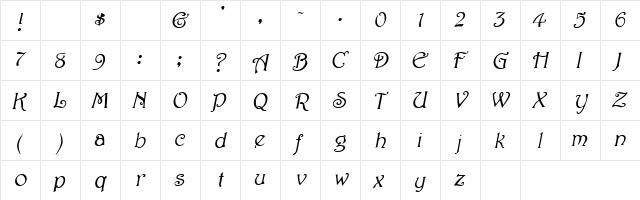Josephine Oblique  glyph index