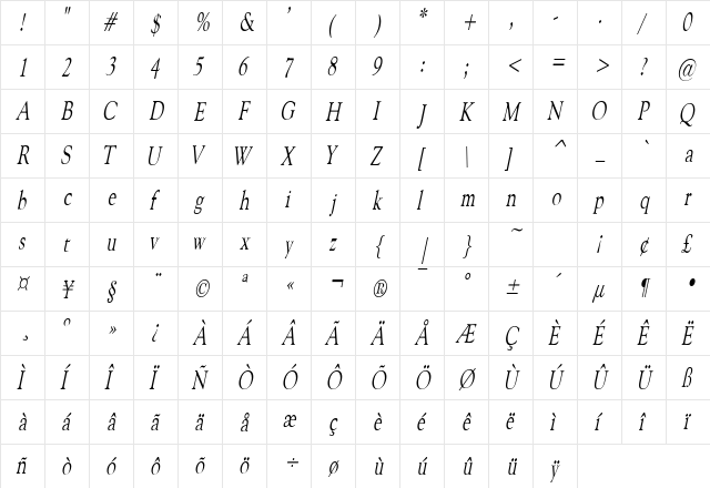 CarnegieCondensed Italic  glyph index
