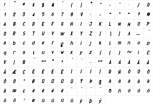 Quirkus Bold Italic  glyph index