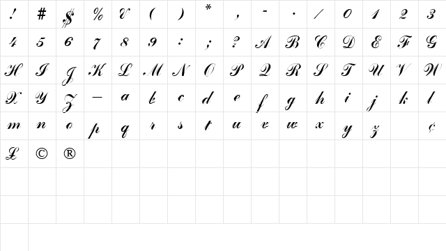 BrigadeScriptSSK Regular  glyph index