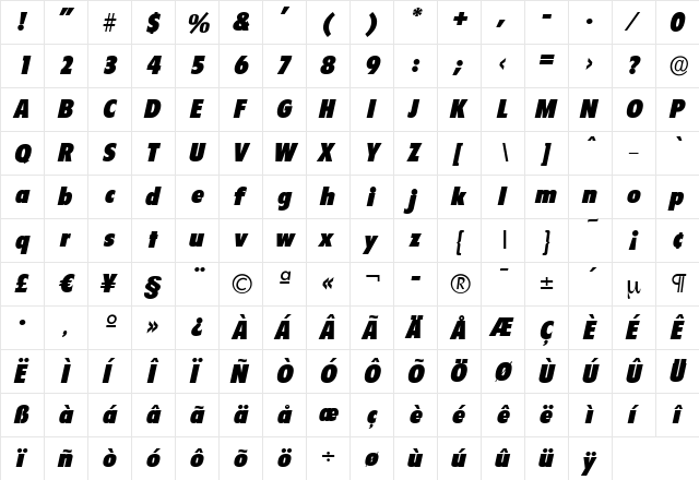 LuisBecker-Black Italic  glyph index