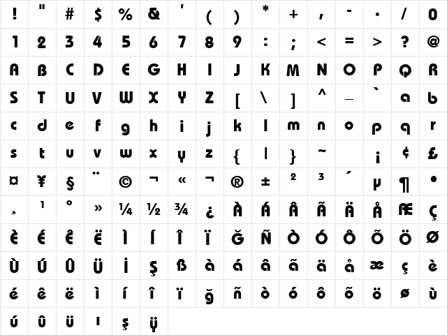 TR Bahamas Bold  glyph index