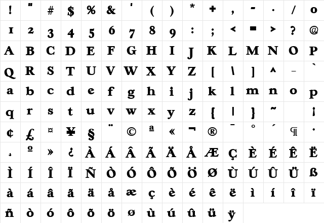 Casablanca Heavy SF Bold  glyph index