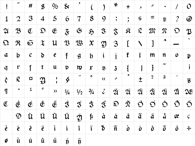 PhederFrackDtsh Bold  glyph index
