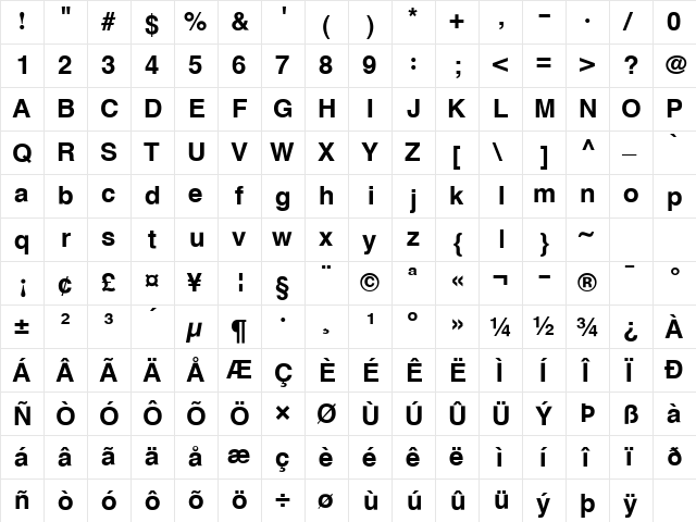 XB Zar Bold  glyph index