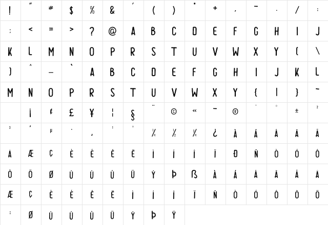 Locare Brush Regular  glyph index