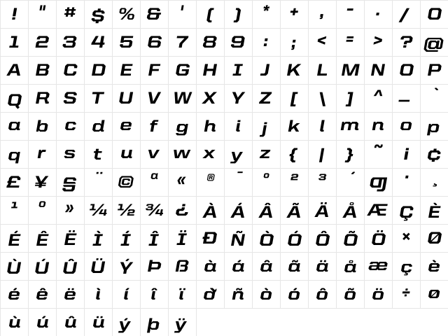 United Italic SemiExt Heavy  glyph index