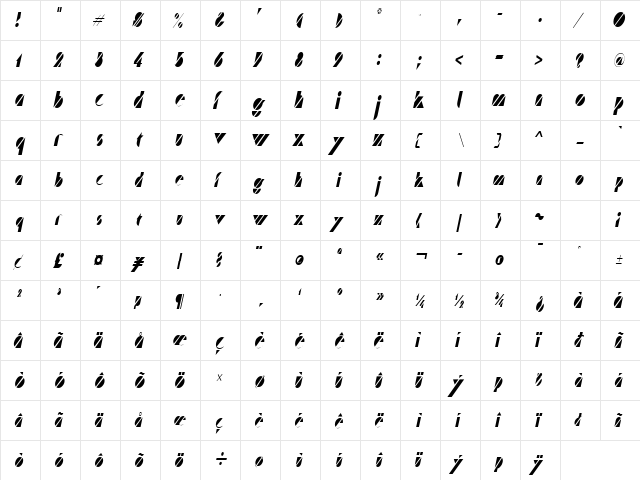 Cane Condensed Italic  glyph index