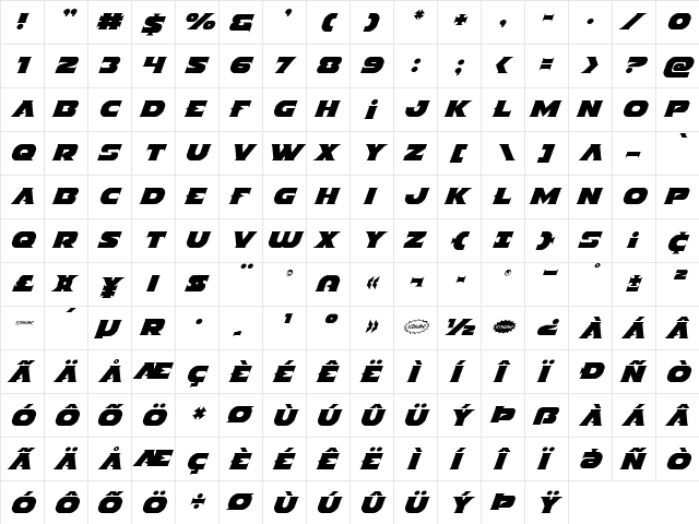 Indigo Demon Italic Italic  glyph index