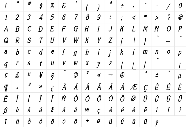 Keira Thin Bold Italic  glyph index